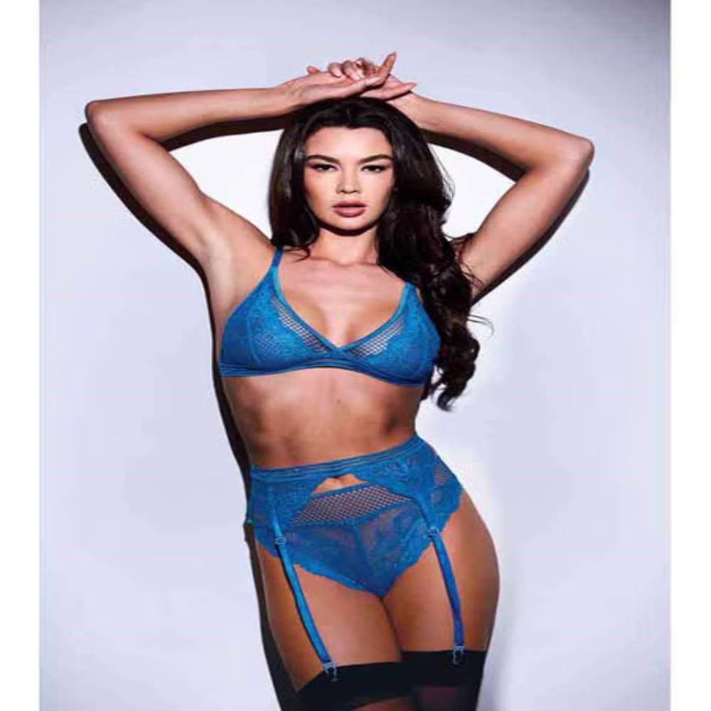 Baci 3 Piece Lace & Mesh Bra Garter & Panty Set Blue - - Bras and Bra Sets