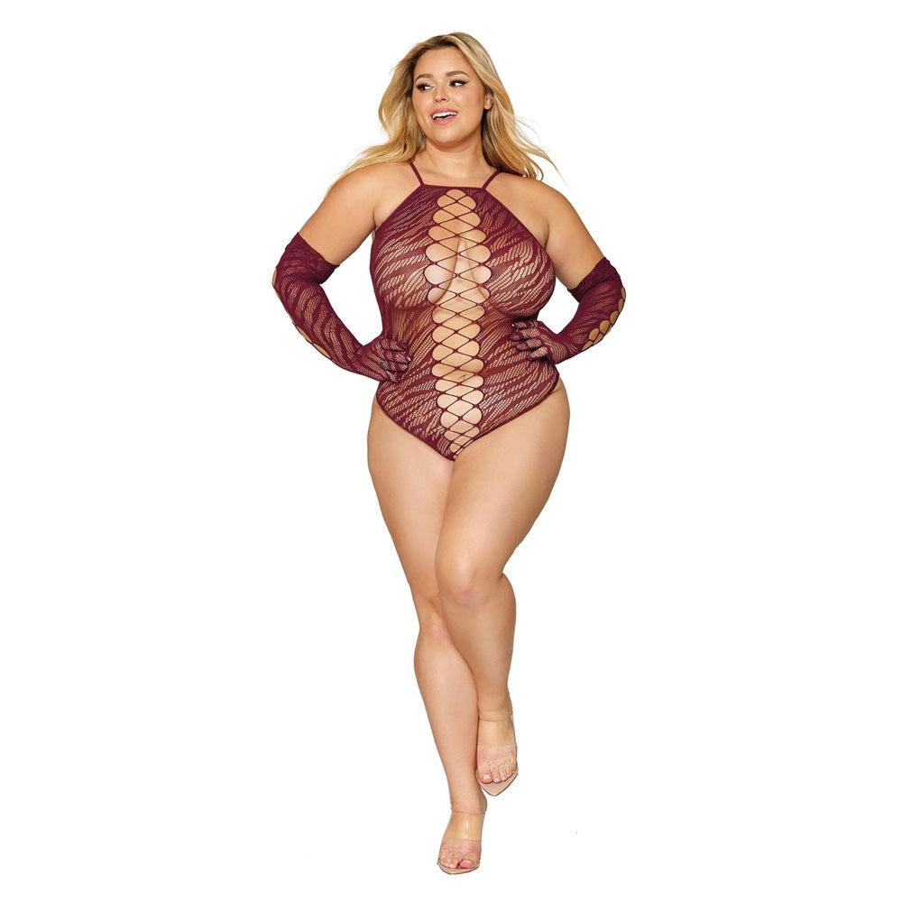 Dreamgirl Seamless Zebra Fishnet Teddy and Glove Set Quee - Teddies and Bodysuits