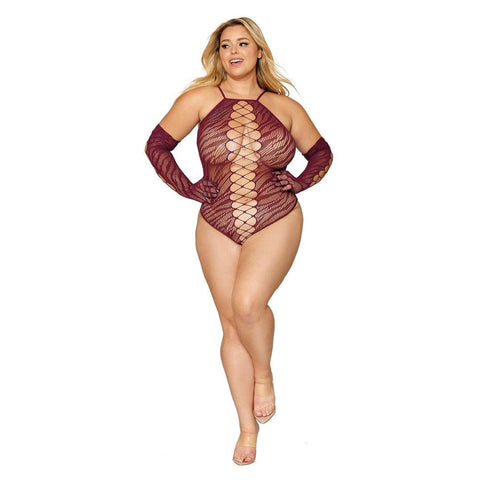 Dreamgirl Seamless Zebra Fishnet Teddy and Glove Set Quee - Teddies and Bodysuits