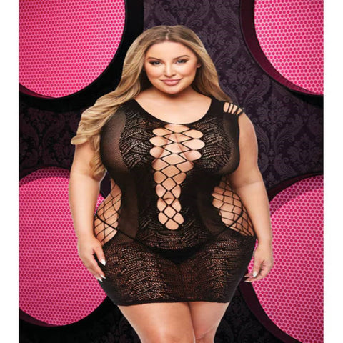 Lapdance Lingerie Lace And Fishnet Halter Dress Black - Body Stockings