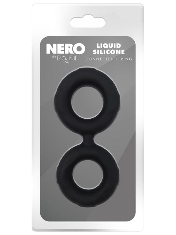 Playful Nero Liquid Silicone Connected Cock Ring - Silicone Cock Rings