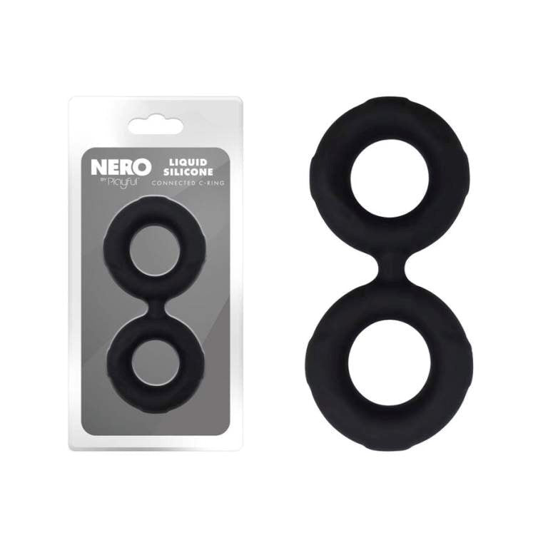 Playful Nero Liquid Silicone Connected Cock Ring - Silicone Cock Rings