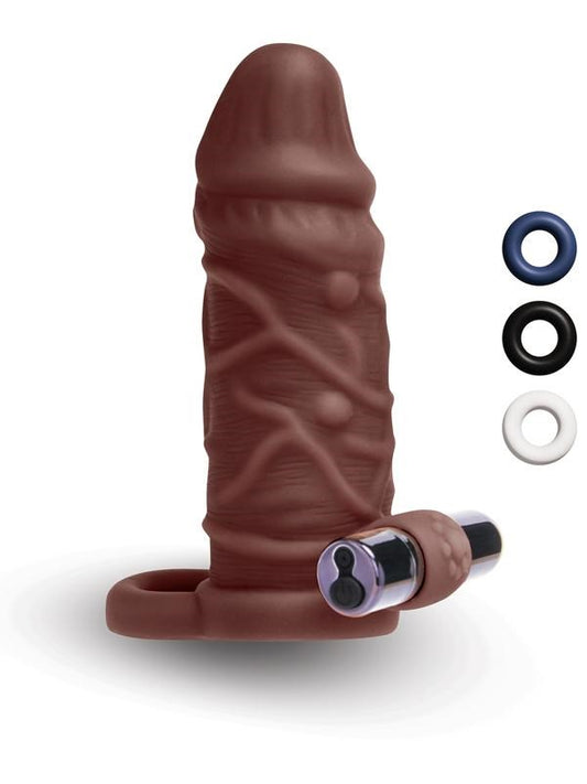 Xgen Size Up 1 Inch Silicone Vibrating Realistic Penis Extender With Ball Loop Dark Tan - Penis Sleeves and Extenders