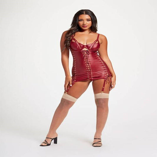 Seven Til Midnight Midnight Love Vegan Leather Two Piece Chemise and Panty Set Wine - Babydolls and Chemises