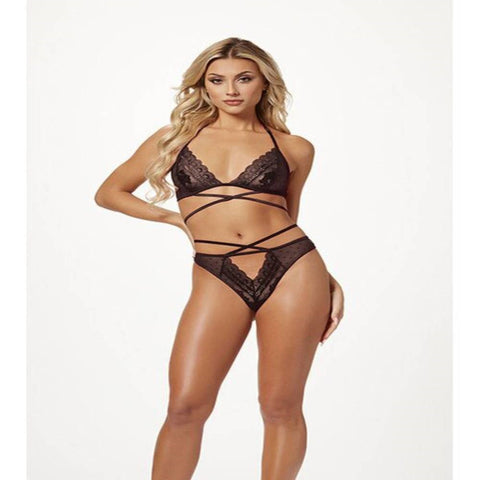 Seven Til Midnight 2 Piece Halter Bra And Criss Cross Panty Set Black - Bras and Bra Sets