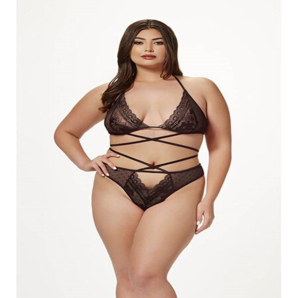 Seven Til Midnight 2 Piece Halter Bra And Criss Cross Panty Set Black - - Bras and Bra Sets