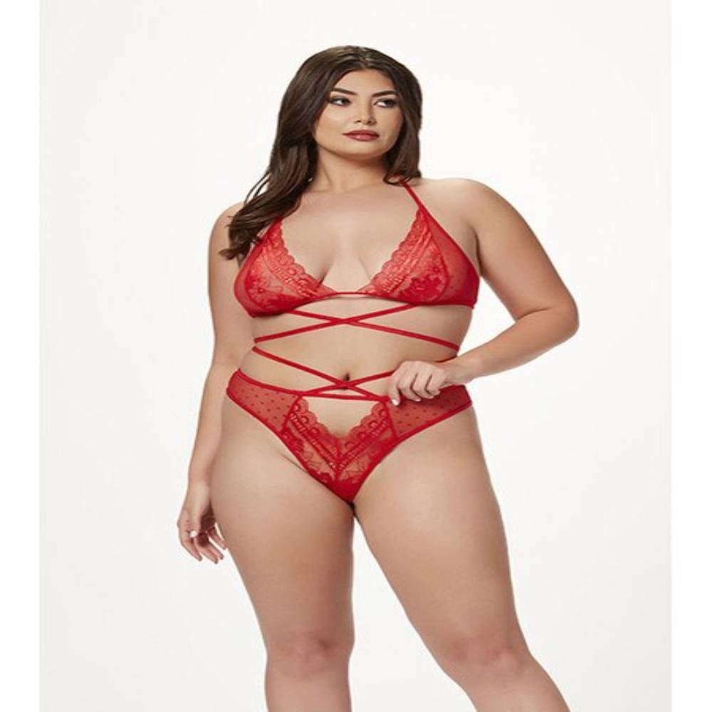 Seven Til Midnight 2 Piece Halter Bra And Criss Cross Panty Set Red - - Bras and Bra Sets