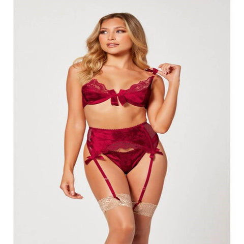 Seven Til Midnight 3 Piece Jacquard Bra Garter Belt And Panty Set Wine - Bras and Bra Sets