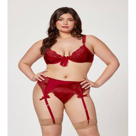 Seven Til Midnight 3 Piece Jacquard Bra Garter Belt And Panty Set Wine - Bras and Bra Sets