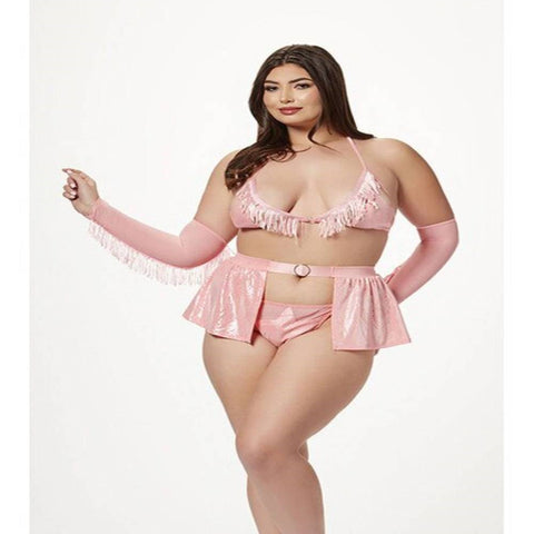 Seven Til Midnight 4 Piece Cowgirl Costume Set With Halter Bra Thong Panty Garter Skirt And Fingerless Gloves Rose - Fancy Dress Ups