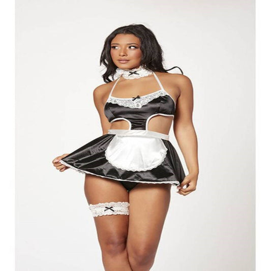 Seven Til Midnight 4 Piece French Maid Costume Dress Thong Panty Lace Choker and Thigh Garter Black - Fancy Dress Ups