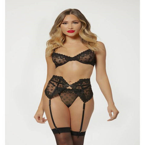 Seven Til Midnight Three Piece Bra Garter And Panty Set Black - Bras and Bra Sets