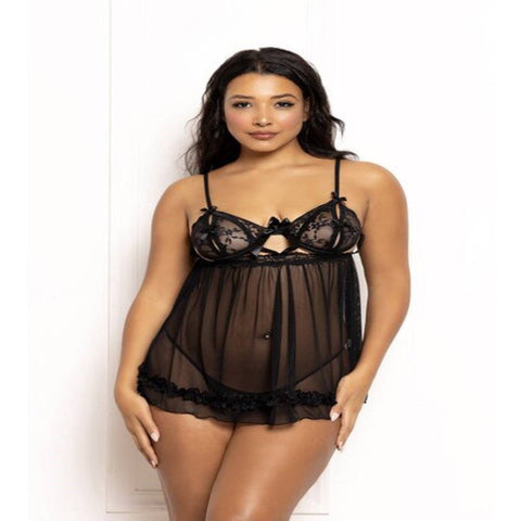 Seven Til Midnight Two Piece Ditsy Floral And Mesh Babydoll Set With Split Cups Black - Babydolls and Chemises