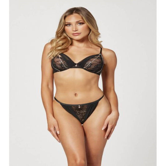 Seven Til Midnight Two Piece Mesh and Rhinestone Bra And Panty Set Black - Bras and Bra Sets