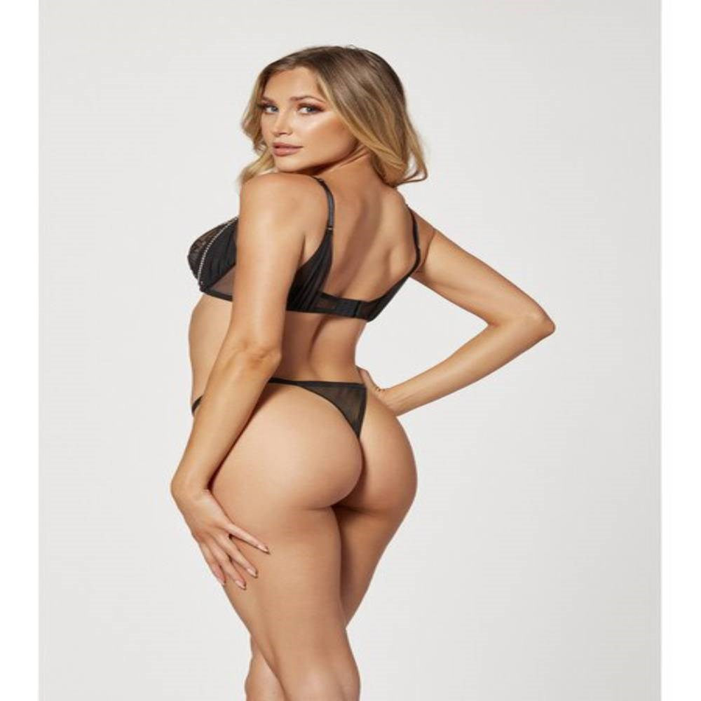 Seven Til Midnight Two Piece Mesh and Rhinestone Bra And Panty Set Black - - Bras and Bra Sets