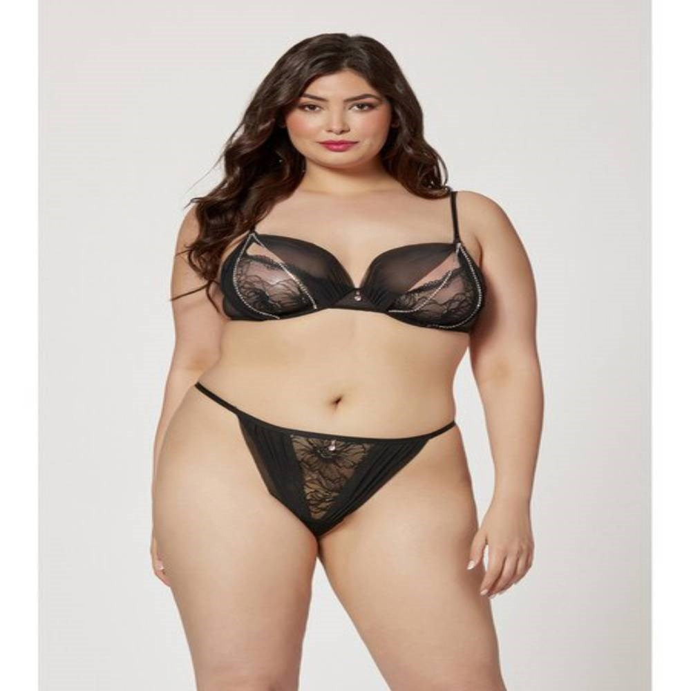 Seven Til Midnight Two Piece Mesh and Rhinestone Bra And Panty Set Black - - Bras and Bra Sets