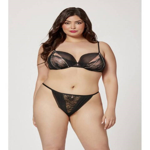 Seven Til Midnight Two Piece Mesh and Rhinestone Bra And Panty Set Black - Bras and Bra Sets