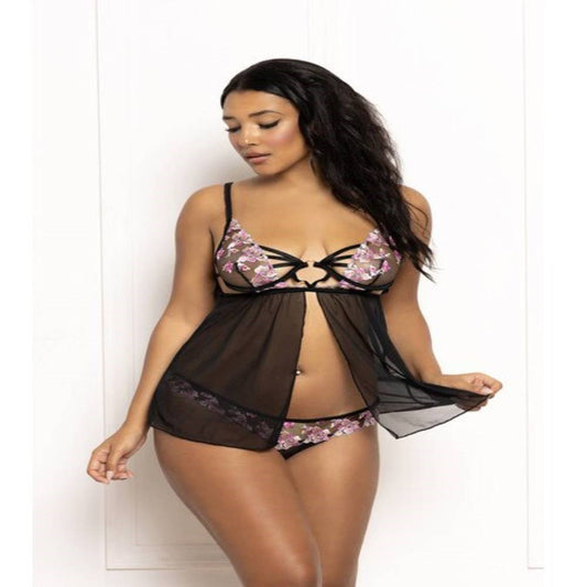 Seven Til Midnight Two Piece Multicolored Embroidered Floral Galloon Lace And Mesh Babydoll Set With Underwire Black - Babydolls and Chemises