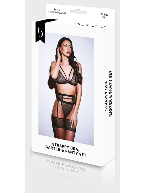 Baci 3 Piece Strappy Bra Garter & Panty Set Queen Black - - Bras and Bra Sets