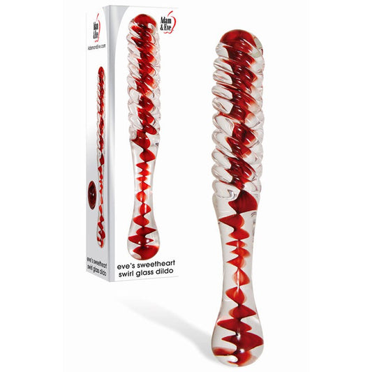 Adam and Eve Sweetheart Swirl Glass Dildo Clear/Red 22cm - Glass Sex Toys
