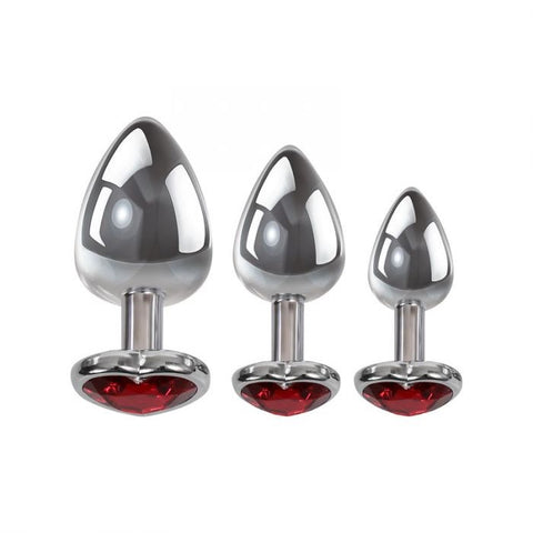 Adam and Eve Three Hearts Gem Metallic Anal Plug Set with Gem Bases - Butt Plugs