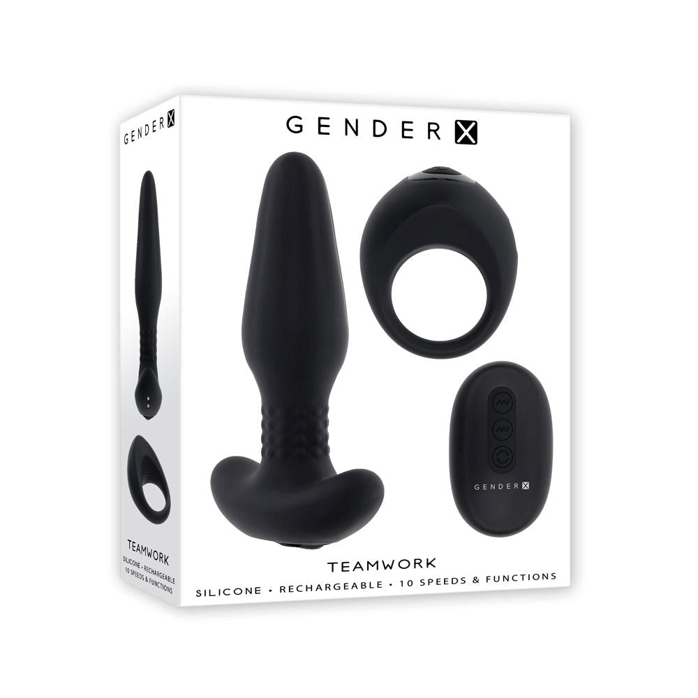 Gender X TEAMWORK Rimming Butt Plug & Vibrating Cock Ring Black - Vibrating Cock Rings