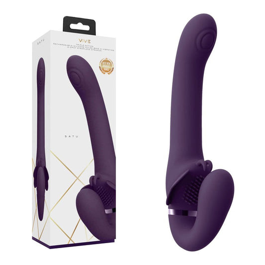 Shots Toys Vive SATU USB Rechargeable Strapless Strap On Vibrator Purple - Strap On Sextoys