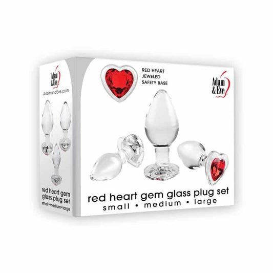 Adam and Eve Red Heart Gem Glass Butt Plug Set Clear 3 sizes - Butt Plugs