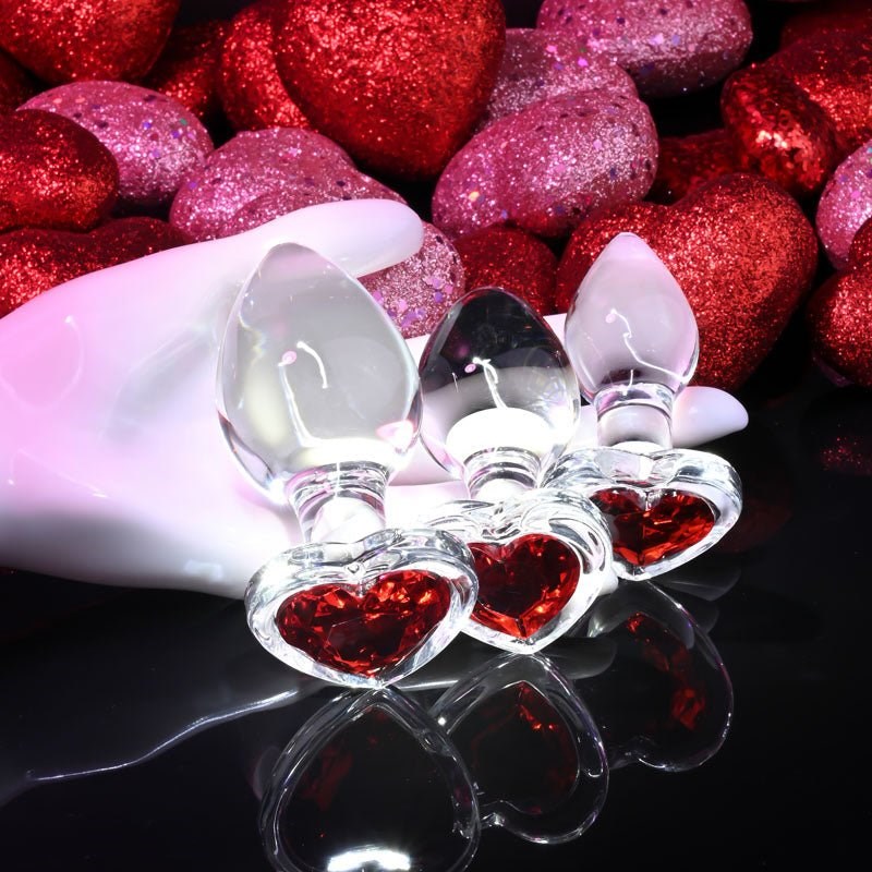 Adam and Eve Red Heart Gem Glass Butt Plug Set Clear 3 sizes - Butt Plugs