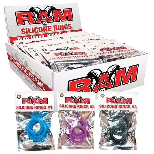 Nasstoys RAM 24 Silicone Rings Pop Box Cock Ring Set in Black Blue & Purple 3 Sizes - Cock Ring Sets
