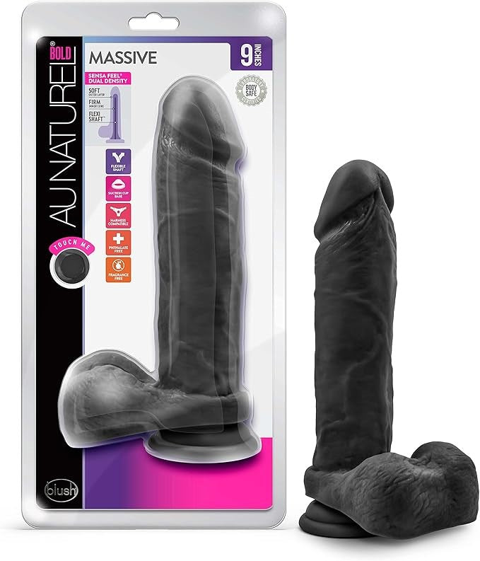 Au Naturel Bold Massive Realistic Dildo With Balls Black 9 Inch - - Realistic Dildos