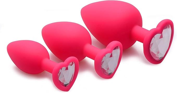 Frisky Pink Hearts Silicone Anal Plugs with Gem Accents 3 Piece - - Butt Plugs