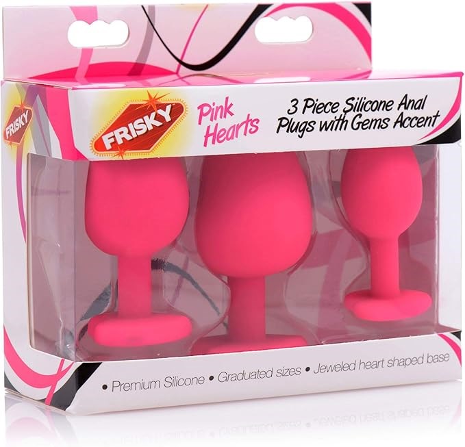 Frisky Pink Hearts Silicone Anal Plugs with Gem Accents 3 Piece - - Butt Plugs