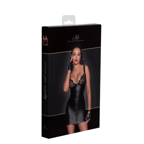 Noir Handmade Power Wetlook Mini Dress With Lace Chest and Two Way Zipper Black - Her Fetish