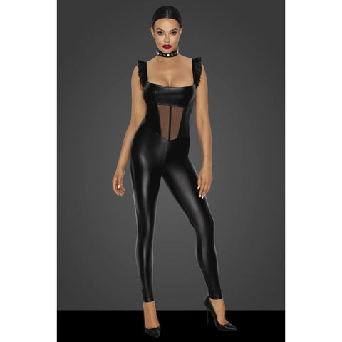 Noir Handmade Power Wetlook Overall Women Dress With Tulle Panel Black - Her Fetish