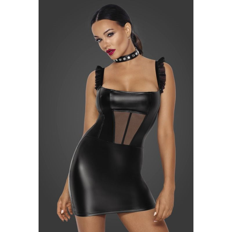 Noir Handmade Power Wetlook Short Dress With Front Tulle Inserts Black - - Her Fetish