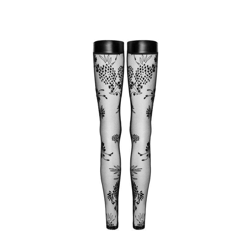 Noir Handmade Tulle Stockings With Patterned Flock Embroidery and Power Wetlook Band Black - - Her Fetish