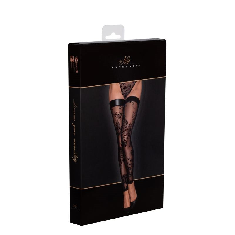 Noir Handmade Tulle Stockings With Patterned Flock Embroidery and Power Wetlook Band Black - - Her Fetish