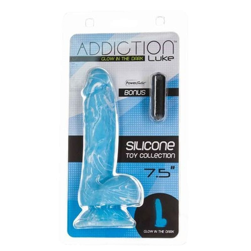 Addiction Luke Glow in the Dark Realistic Dildo With Balls 7.5 Inch Blue - - Realistic Dildos