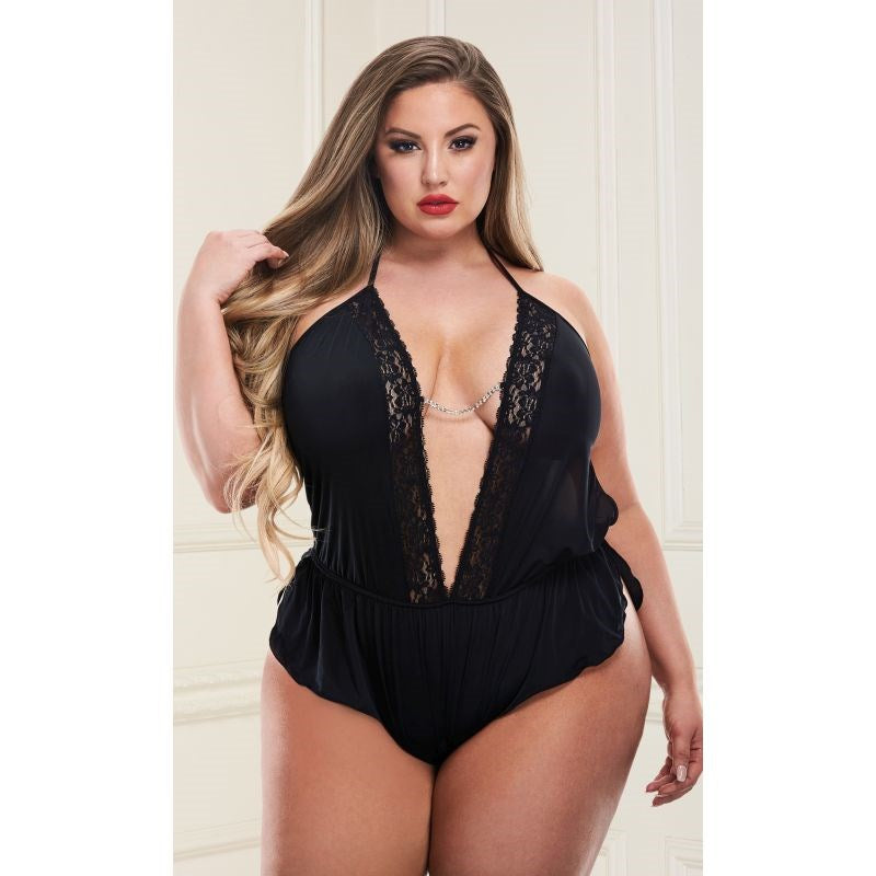 Baci Lingerie Sexy Satin Teddy With Deep V Neckline - - Teddies and Bodysuits