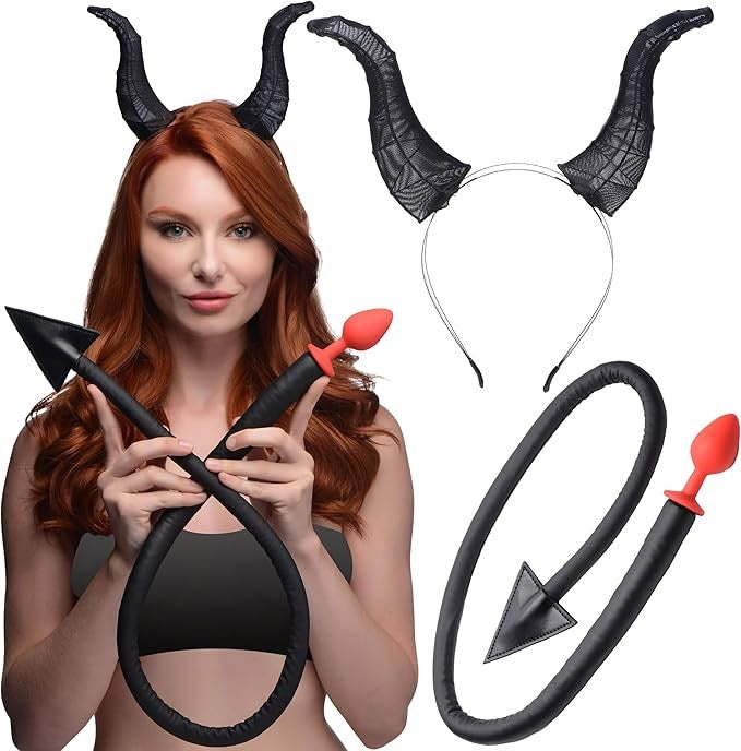 Tailz Devil Tail Anal Plug and Horn Set Black - - Butt Plugs