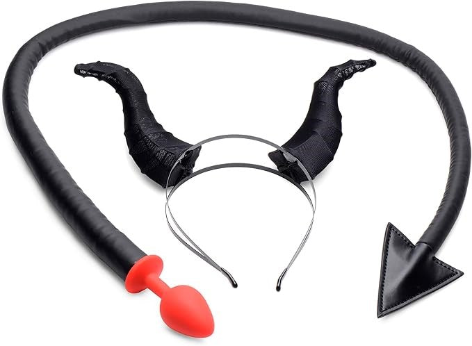 Tailz Devil Tail Anal Plug and Horn Set Black - - Butt Plugs