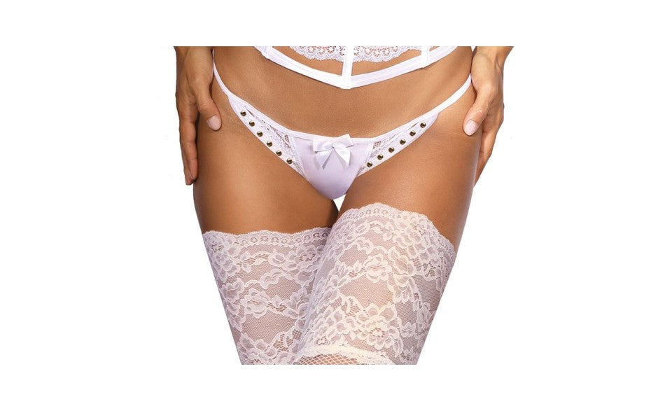 Axami Lingerie Microfiber and Lace G-String Panty with Studs White - - G-Strings, Panties and Shorts