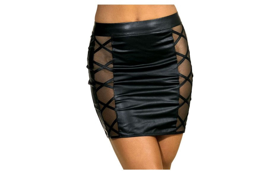 Axami Lingerie Stretch Wetlook Mesh Criss Cross Women Skirt Black - - Her Fetish