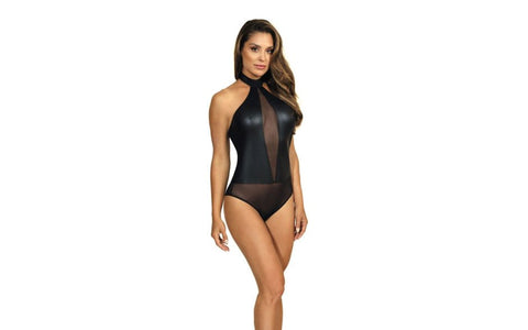 Axami Lingerie Stretch Wetlook Mesh Panel Women Bodysuit Black - Her Fetish