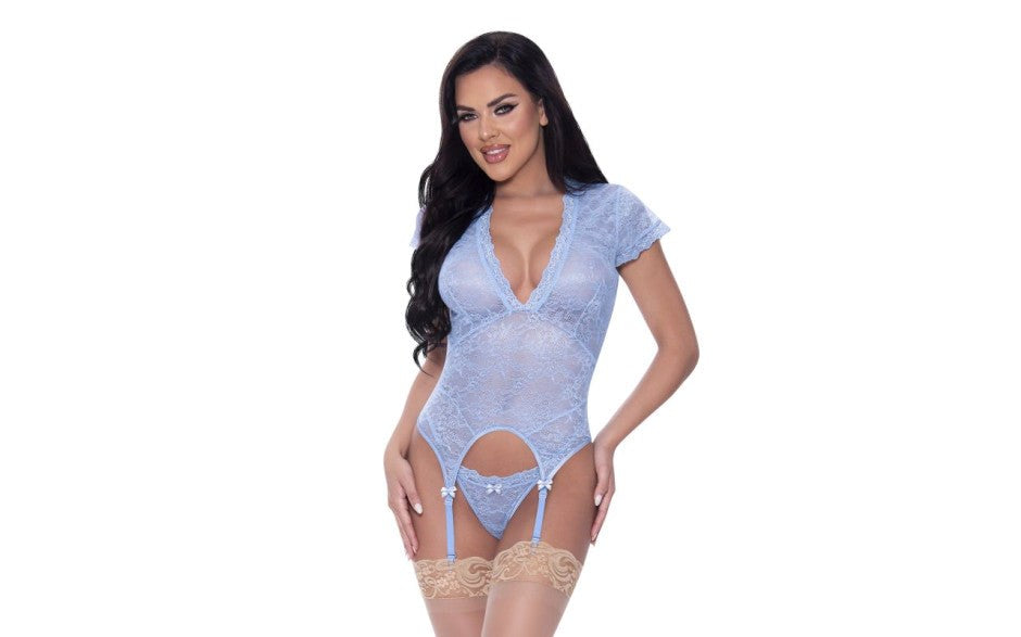 Exposed Lingerie Cap Sleeve Basque and Thong Set Blue - - Teddies and Bodysuits