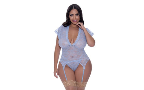 Exposed Lingerie Cap Sleeve Basque and Thong Set Blue - Teddies and Bodysuits