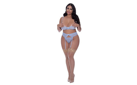 Exposed Lingerie Demi Bra Garter and Thong Set Blue - Bras and Bra Sets