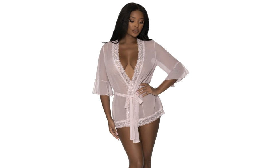 Exposed Lingerie Robe with Lace Trim Blush - - Kimono's and Gowns