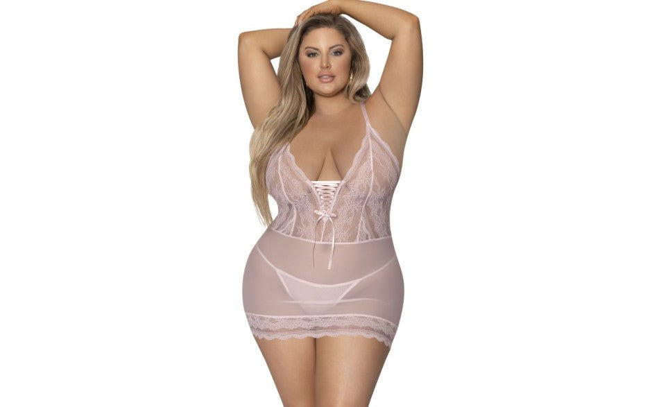 Exposed Lingerie Womens Lace Chemise and G-String Blush - - BabyDolls And Chemises